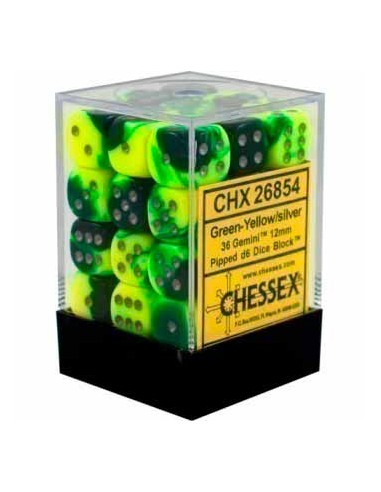 Chessex 12mm d6 Dice Sets Gemini (36 Dados) - Green-Yellow/Silver