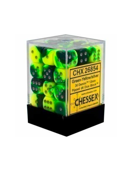 Chessex 12mm d6 Dice Sets Gemini (36 Dados) - Green-Yellow/Silver