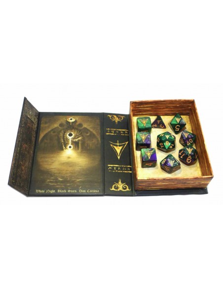 Elder Dice - The Yellow Sign Dice - Purple and Green Masked Polyhedral Set